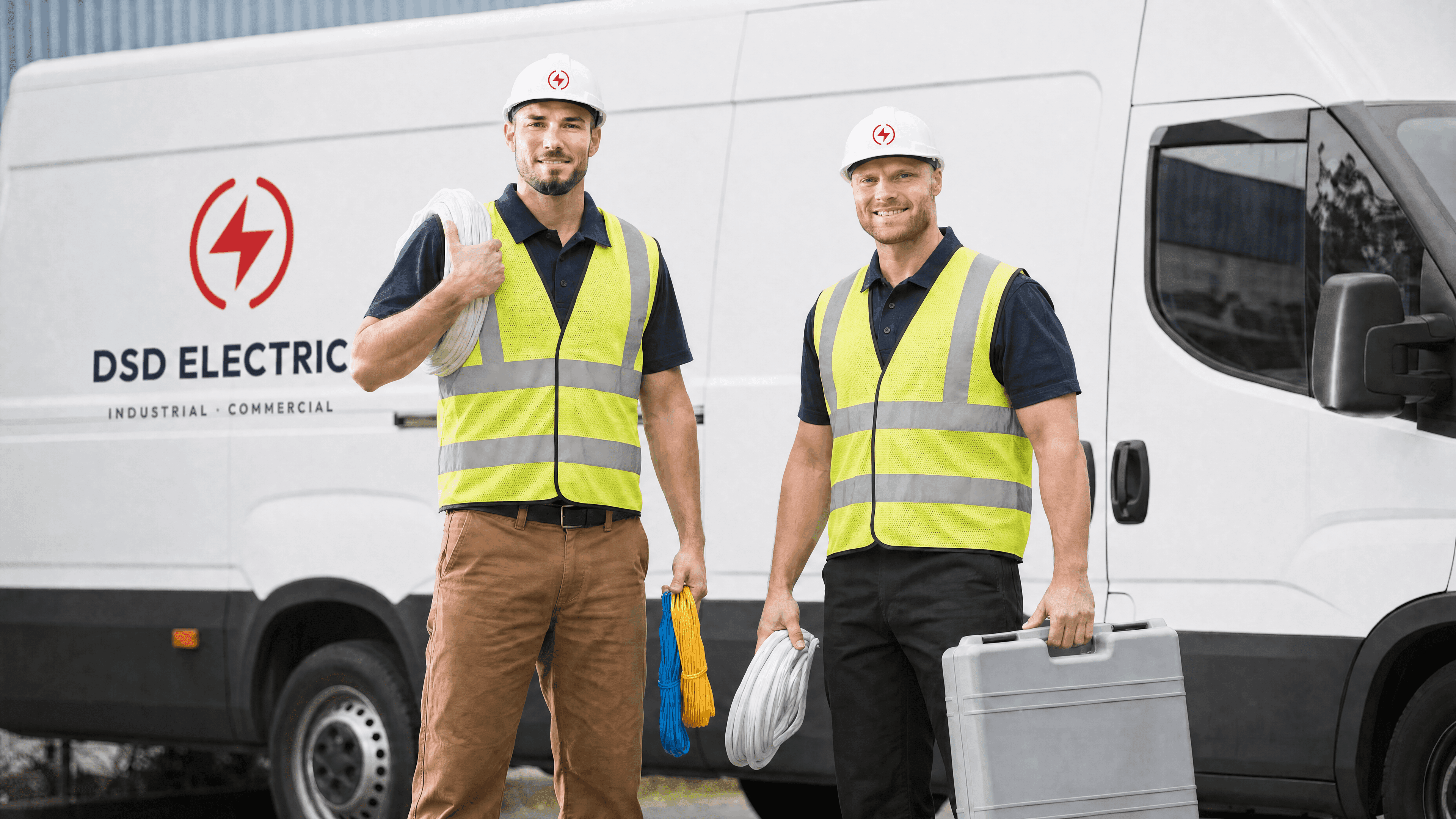 Two DSD Electric electricians in hard hats and high-visibility vests standing beside a branded company van.
